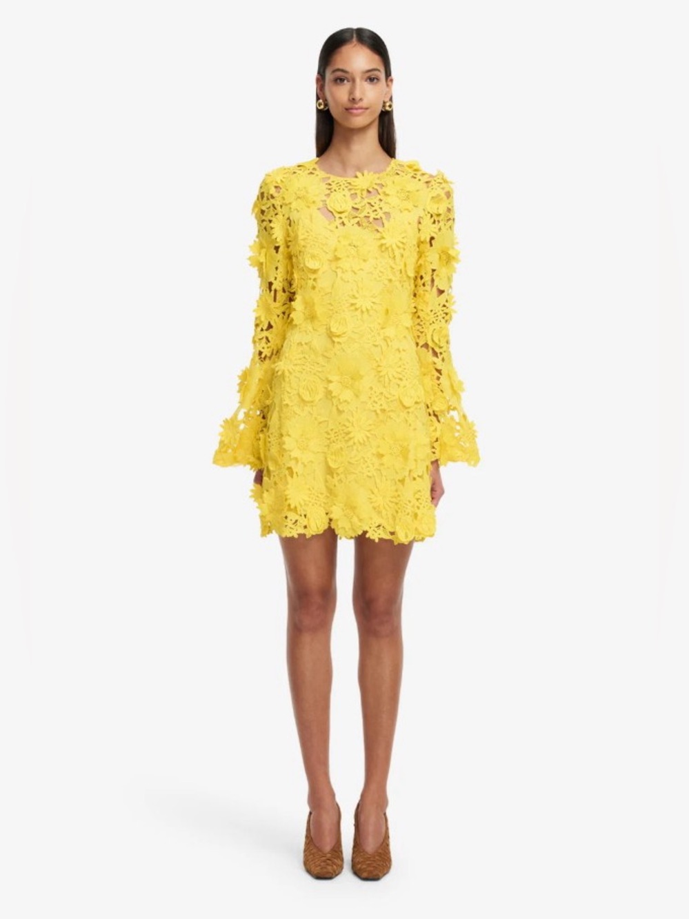LEO LIN Suzanne Yellow Lace Bell Sleeve Flower Applique MIni Dress AU8/US4 NWOT